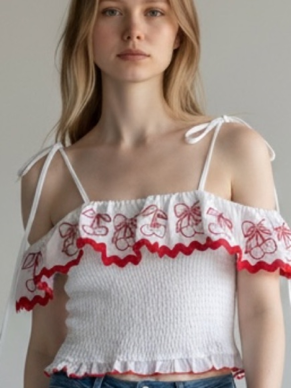 Thirty Thirty White and Red Cherry Embroidered Smocked Crop Top S